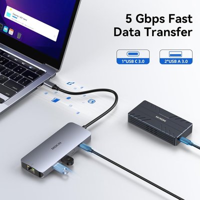 محطة إرساء MOKiN 8 في 1 USB C لثلاث شاشات - HDMI مزدوج و DisplayPort، تدعم ثلاث شاشات 4K، Ethernet بسرعة 1 جيجابت، شحن بقدرة 100 واط، 3 منافذ USB 3.0 لديل و HP (أزرق)